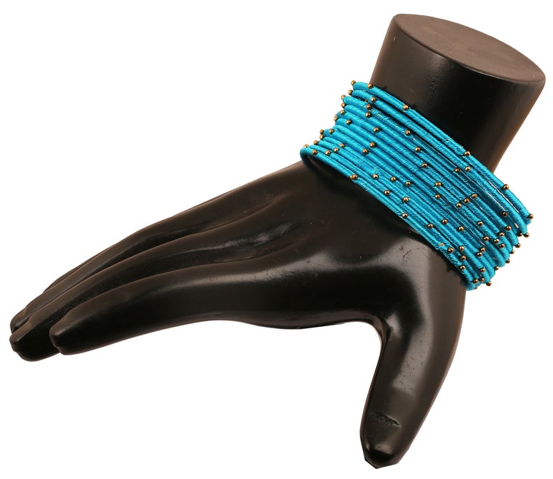 Touchstone NEW Silk Thread Bangle Collection Indian Bollywood Handcrafted Faux Silk Thread Exotic Look Handcrafted Golden Beads Turquoise Blue Designer Bangle Bracelets Set of 12 For Women. - Image 2